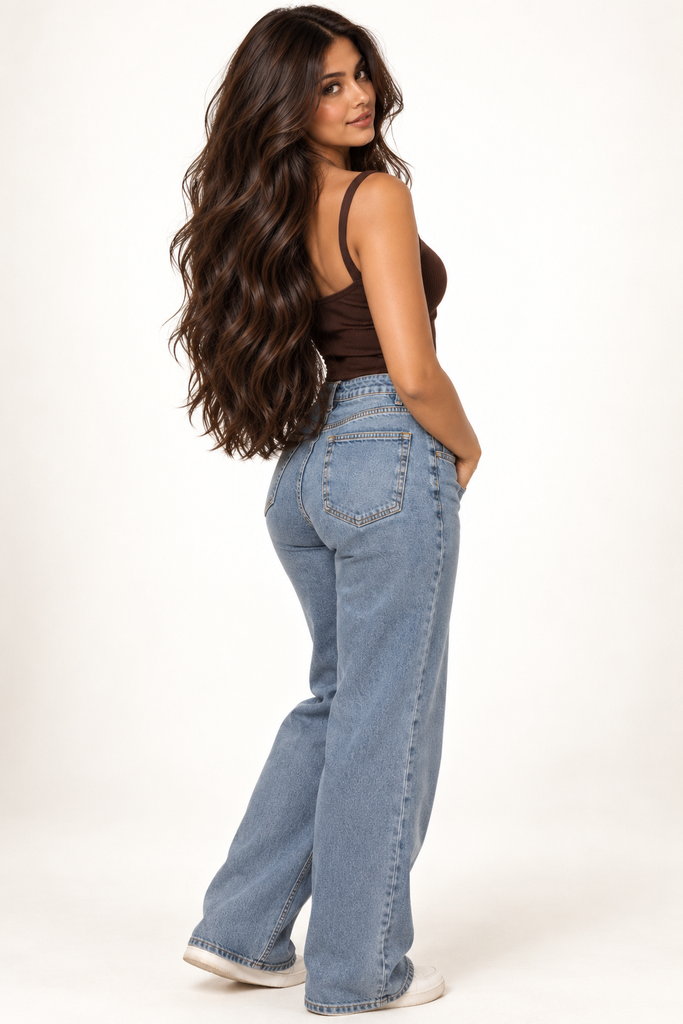 Long wavy chocolate brown hair on a woman with brown skin