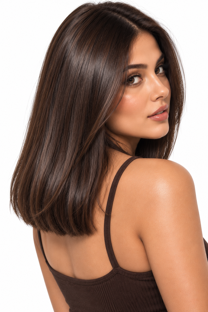 Glossy espresso brown lob hairstyle on brown skin