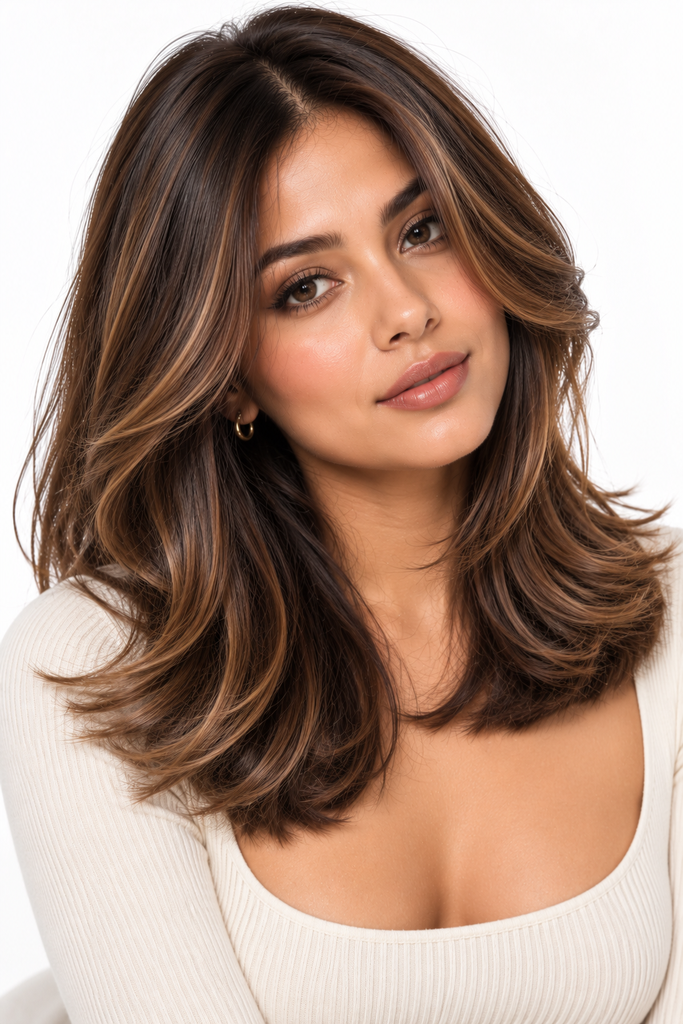 Shoulder-length honey brown highlighted hair for brown skin