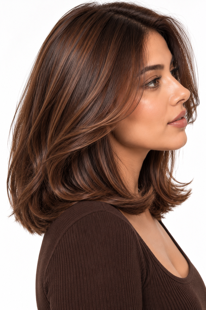 Medium-length chestnut brown hair with soft waves for brown skin