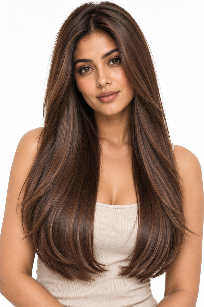 Long mocha brown straight hair on a woman with brown skin