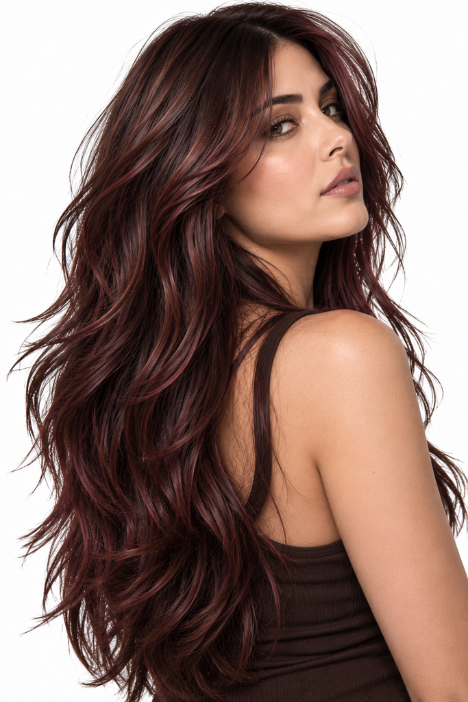 Long burgundy brown textured hair color for brown skin