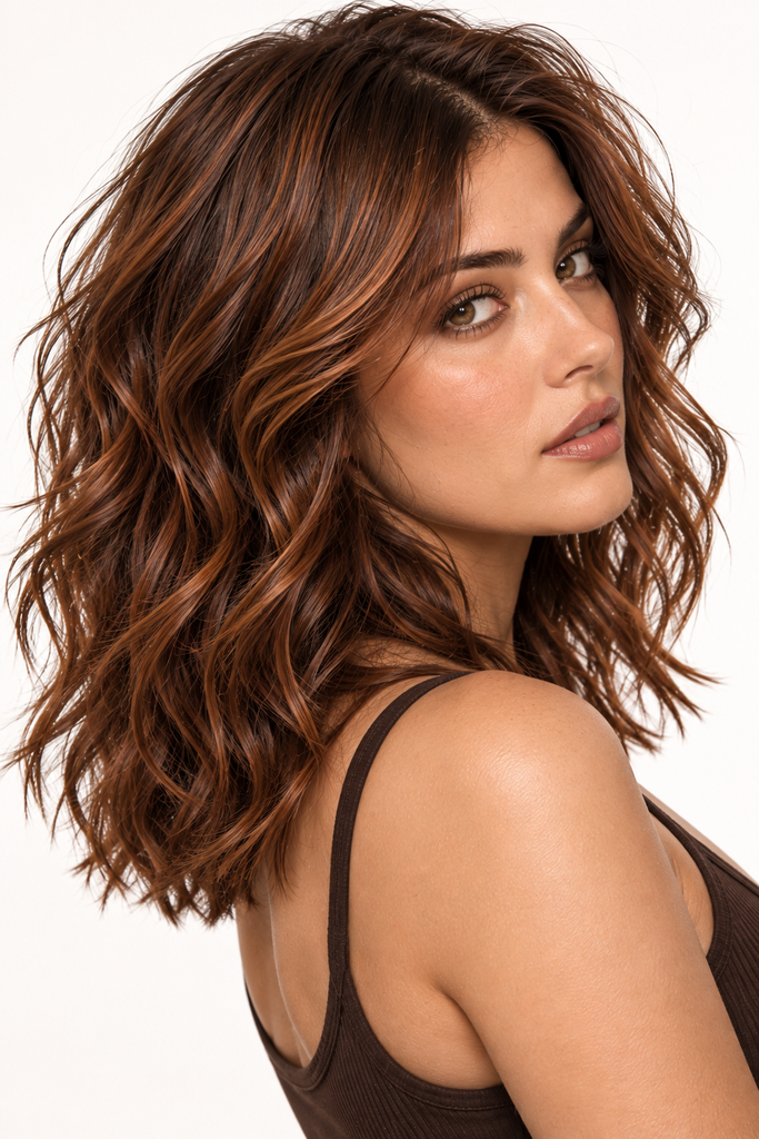 Medium-length copper brown textured hair for brown skin