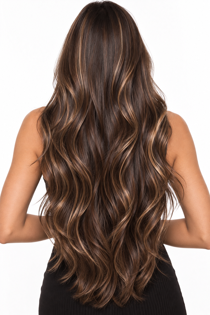 Long dark brown hair with subtle blonde ribbons on brown skin