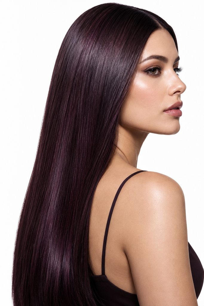 Long plum espresso straight hair color for brown skin