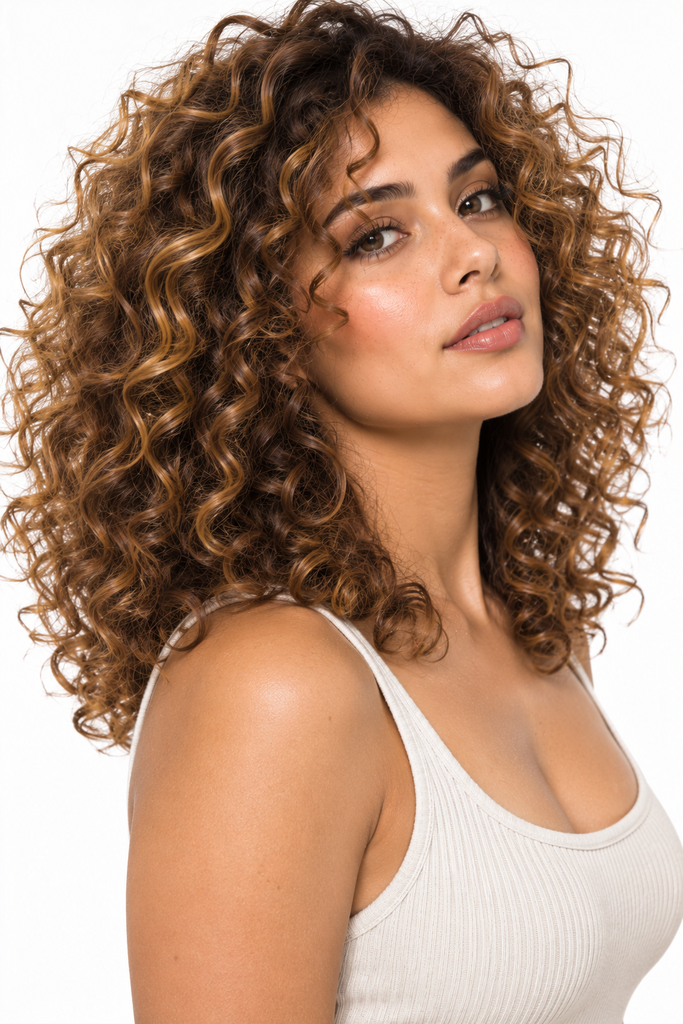 Golden brown curly hairstyle for women with brown skin