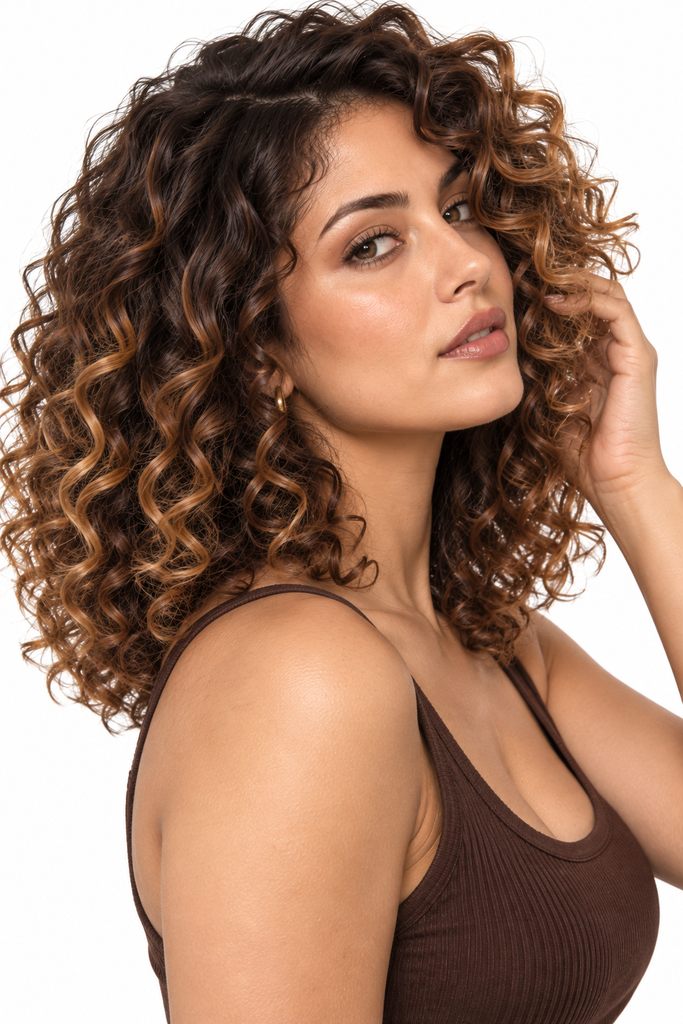 Shoulder-length curly brown hair with caramel balayage for brown skin