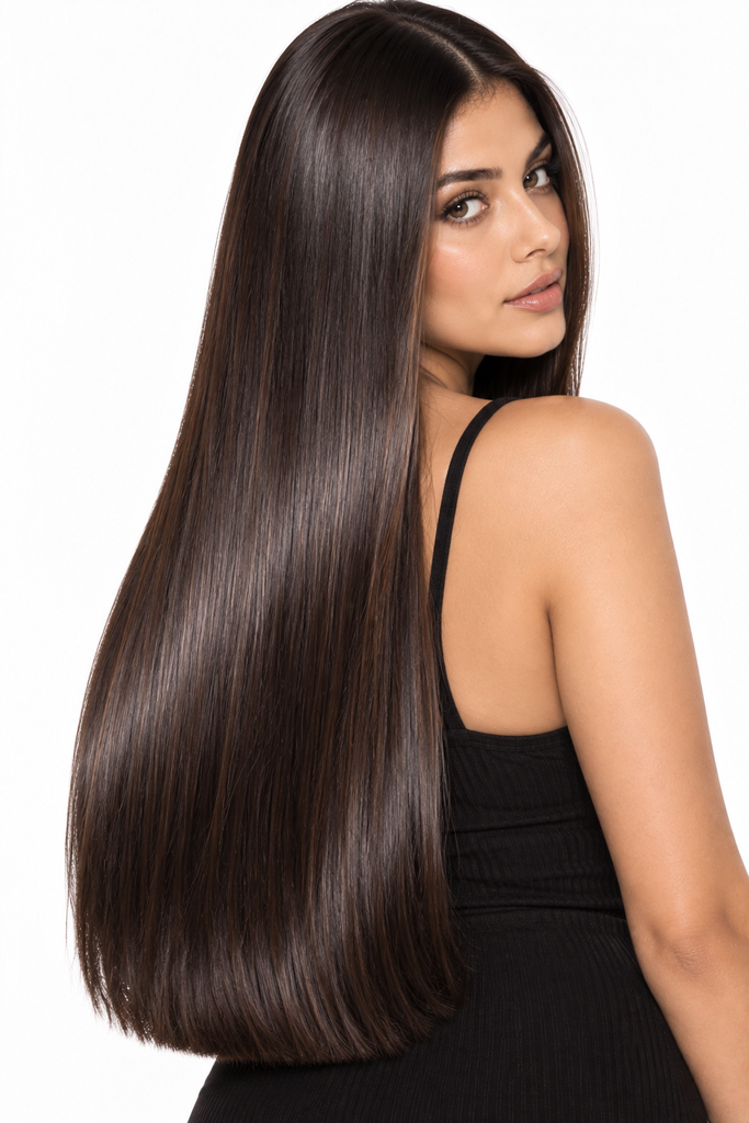 Long black-brown espresso hair with a glossy finish on brown skin