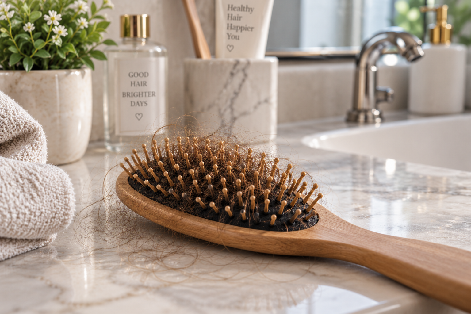 Hairbrush with shed strands, a common early sign before learning how to stop hair loss
