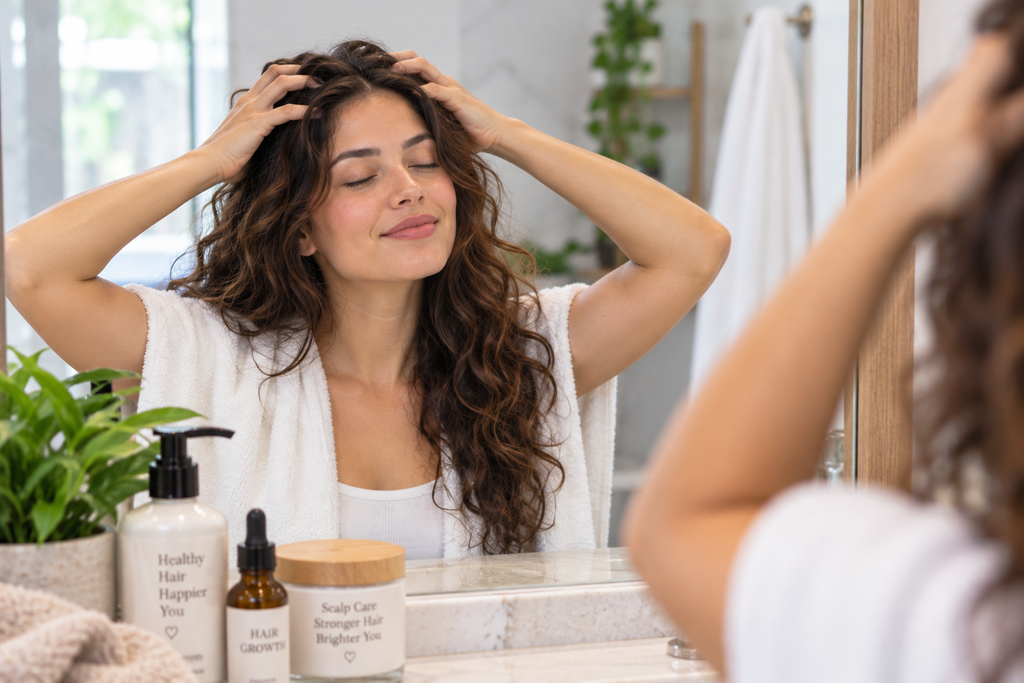 Woman doing a scalp massage, a simple daily habit to help stop hair loss