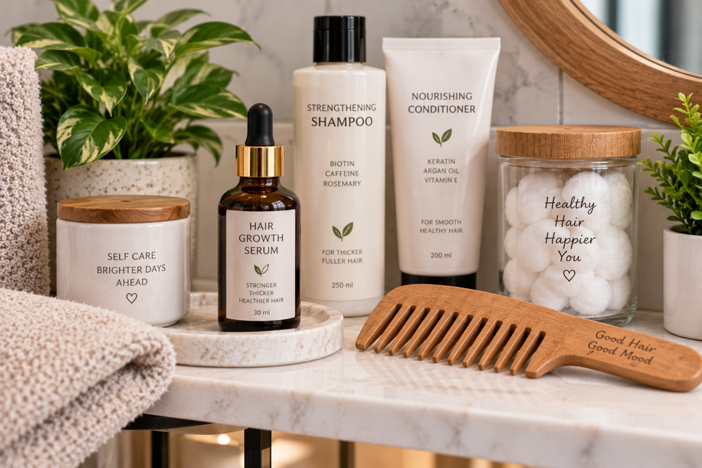 Hair loss treatment products on a shelf, part of a routine to stop hair loss