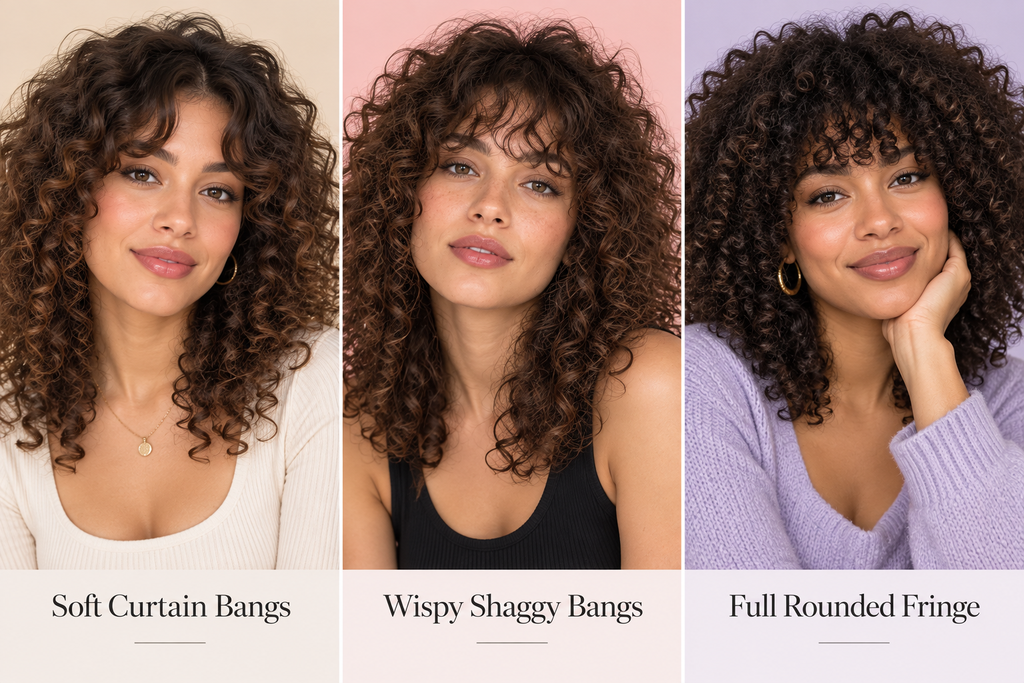 Side-by-side of curtain, wispy and full curly bangs to help choose how to cut bangs for curly hair