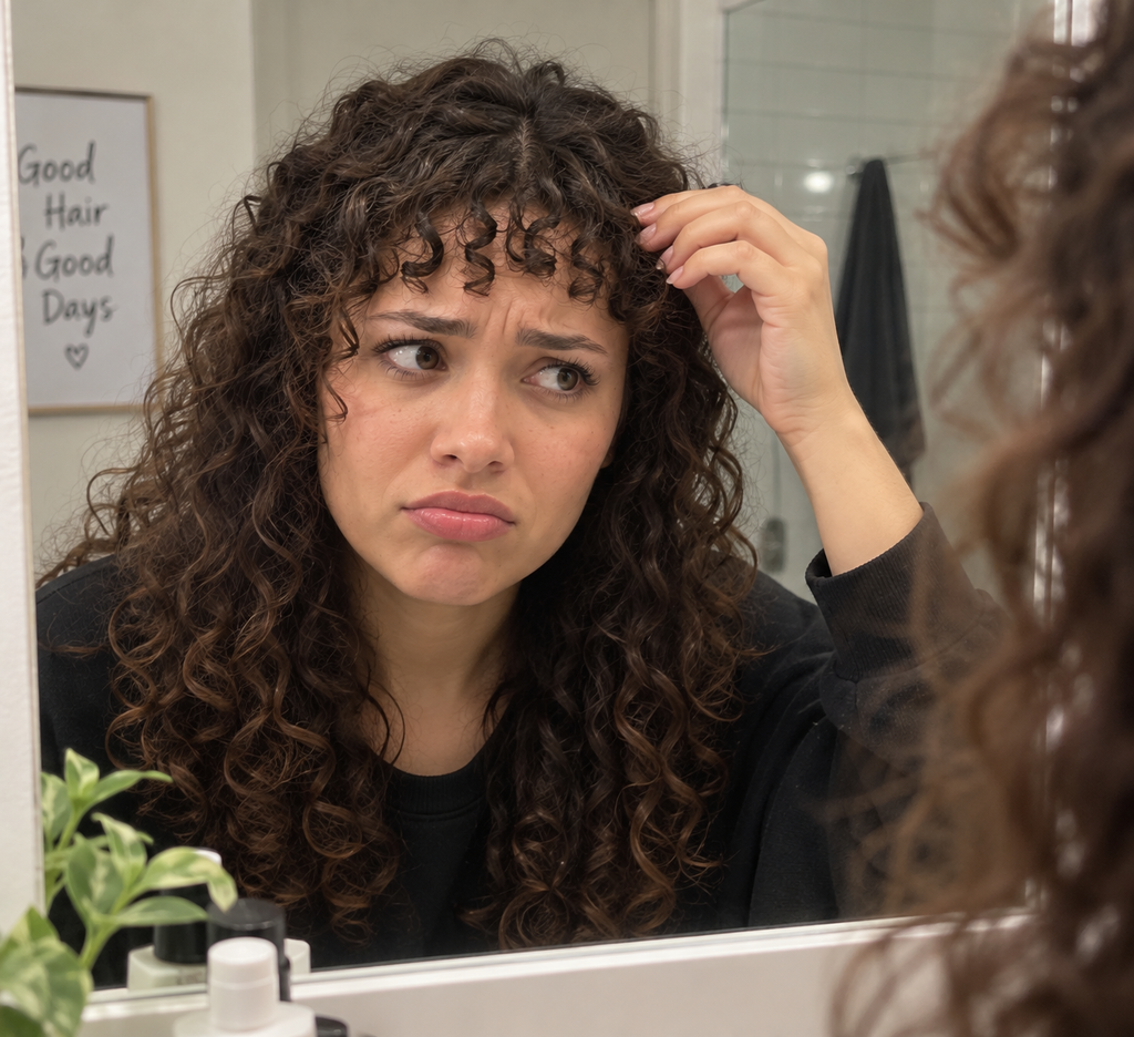 Uneven, too-short curly bangs after a wet cut, a common mistake when learning how to cut bangs for curly hair