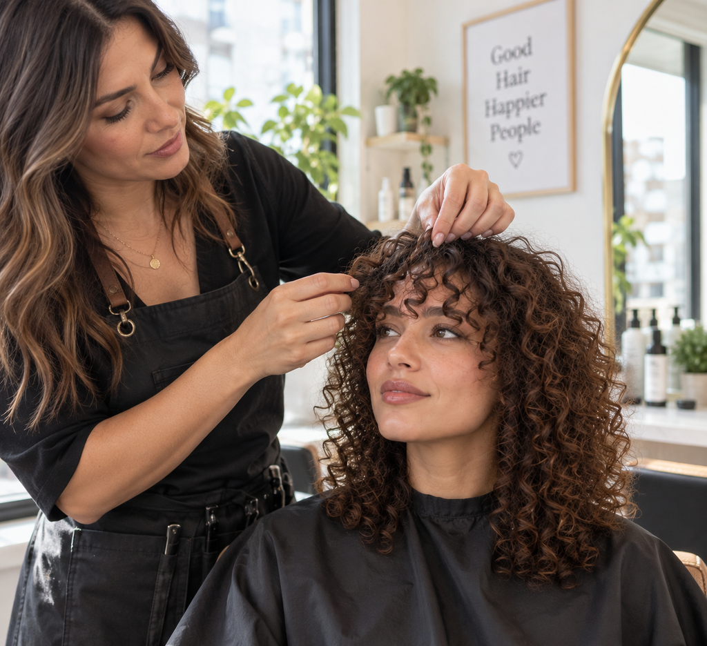 Hairstylist checking curly bangs in natural light with expert tips on how to cut bangs for curly hair