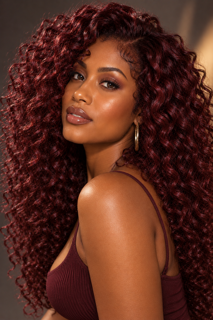 Burgundy curly hair on brown skin.