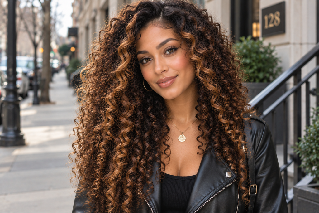 Woman with voluminous curls in a rich mahogany shade wearing a plum sweater