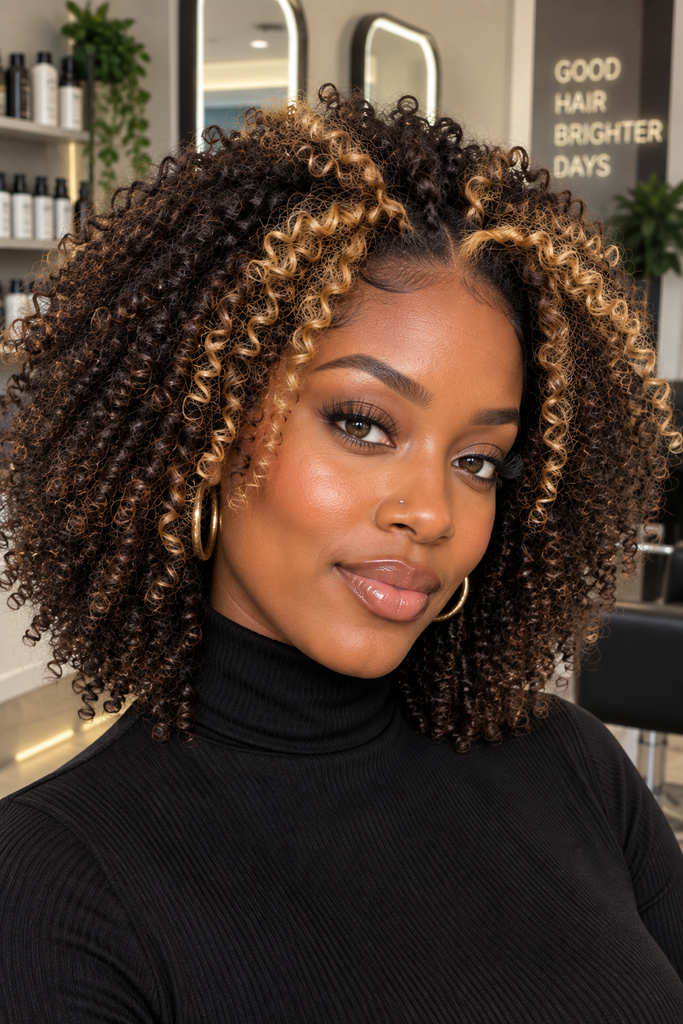 Close-up of coily hair featuring a honey blonde money piece near the hairline