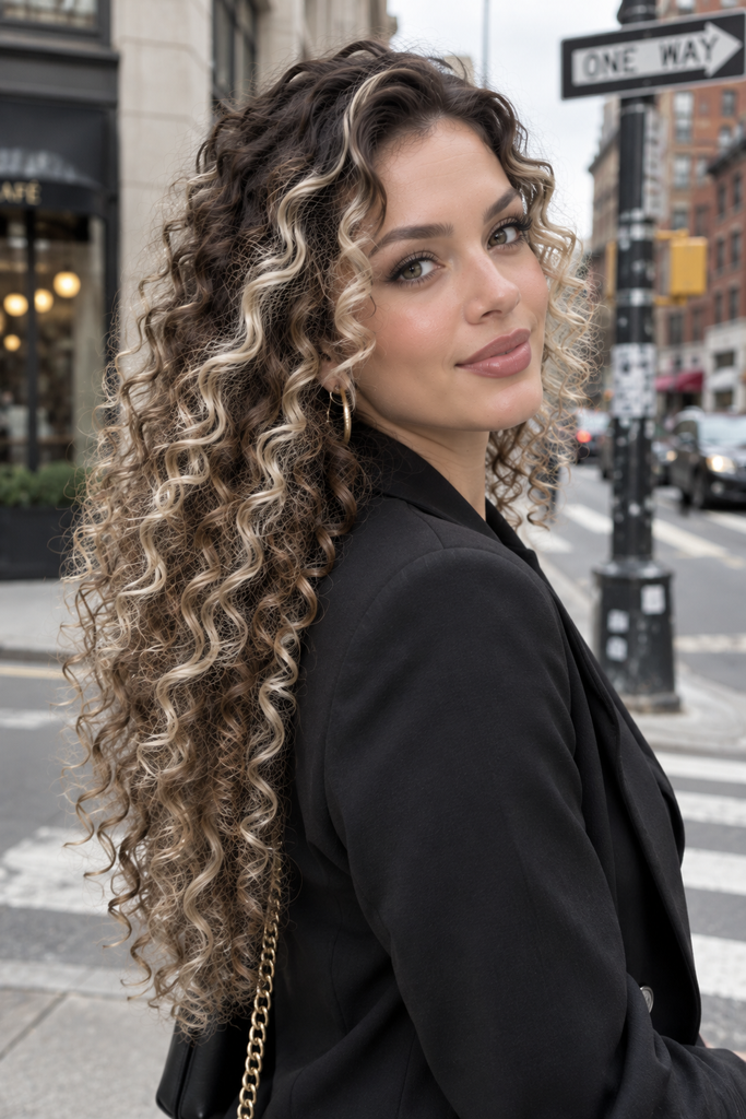 Woman with long curly hair featuring platinum highlights against a deep brunette base