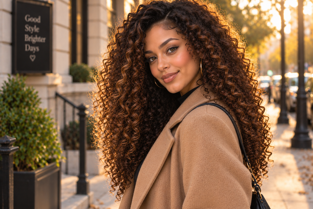 Woman with long curly hair featuring a rich mocha root melt wearing a camel coat.