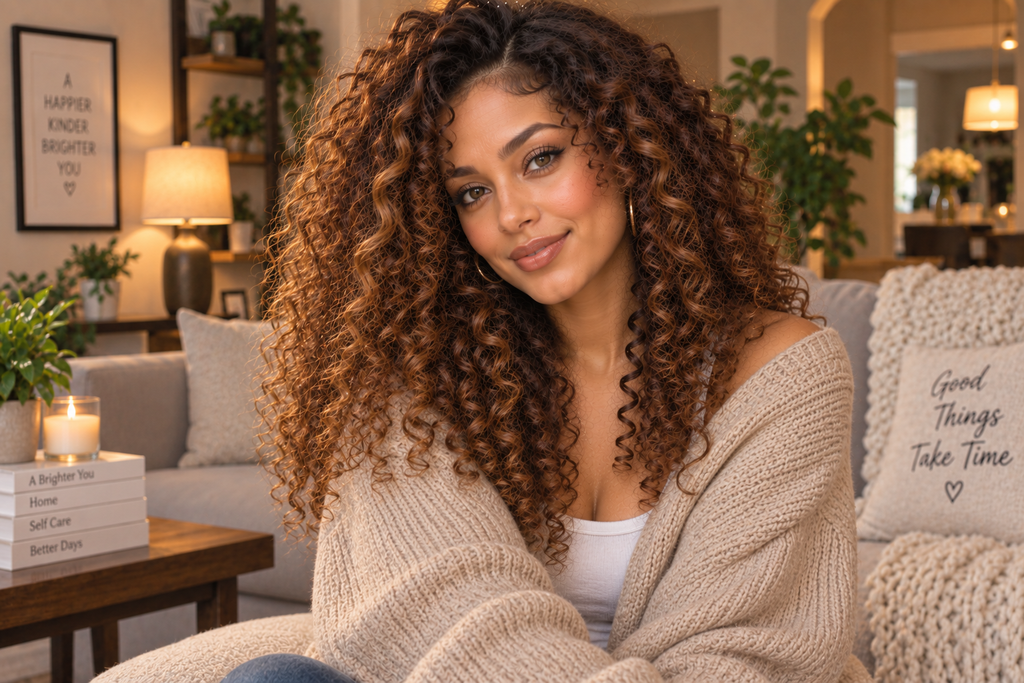 Woman with bouncy curls in soft amber-brown wearing an oversized cardigan.