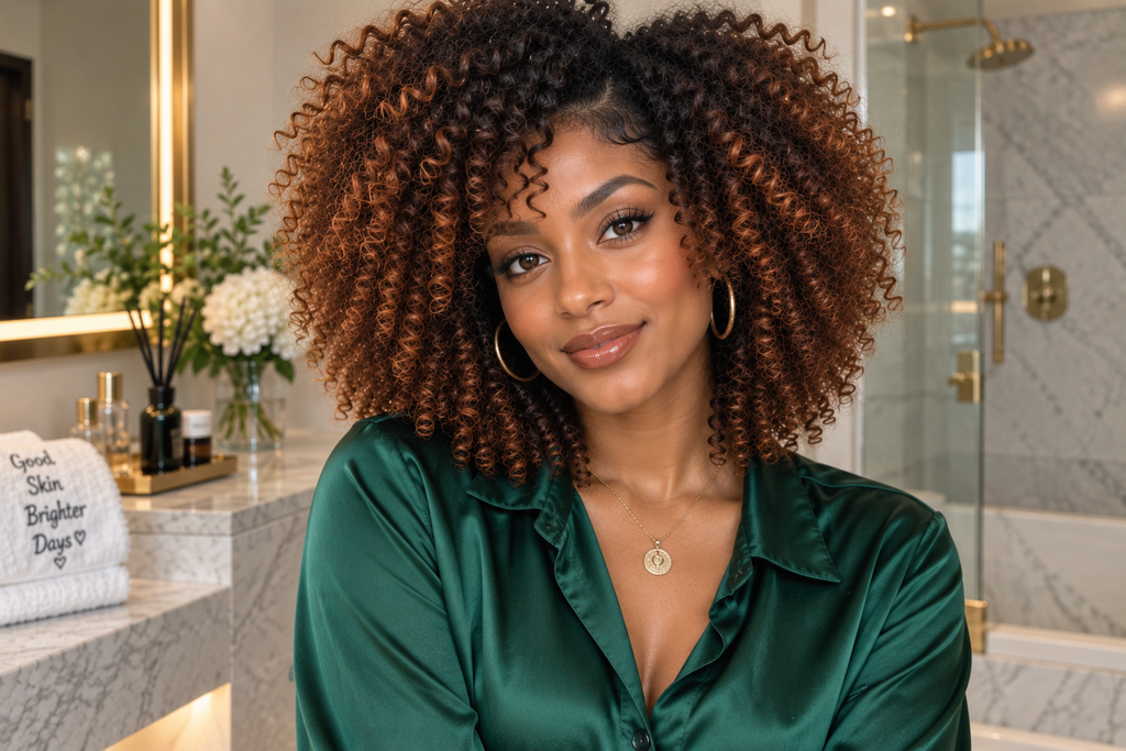 Young woman with coily hair featuring a dark root melting into soft copper.