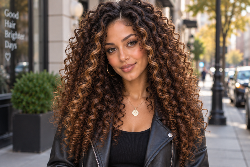 Woman with dark curls featuring toffee face-framing highlights wearing a leather jacket.