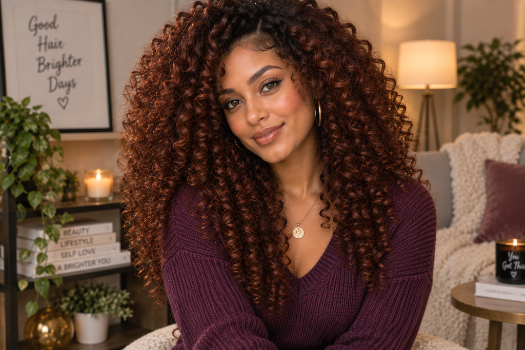 Woman with long curly hair showcasing a dark root to warm amber ombre.