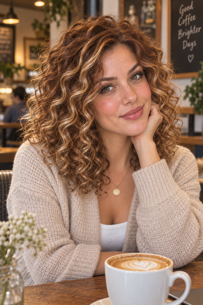 Woman with shoulder-length curly hair featuring warm blonde highlights over an auburn base