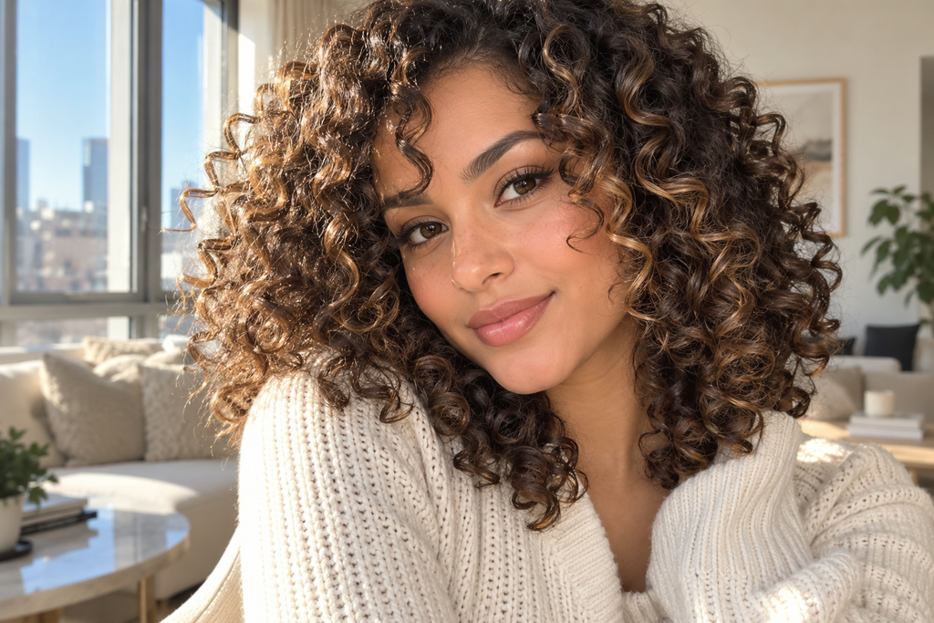 Young woman with dark curly hair and warm caramel highlights wearing a cream knit sweater