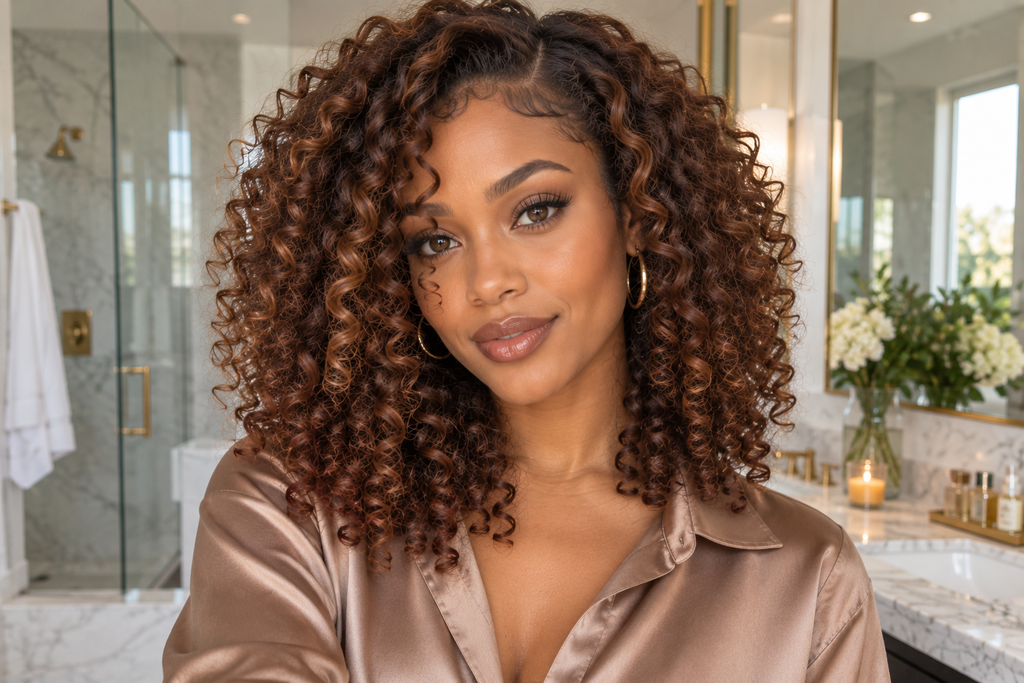 Woman with short curly hair in bronze auburn color wearing a leather jacket