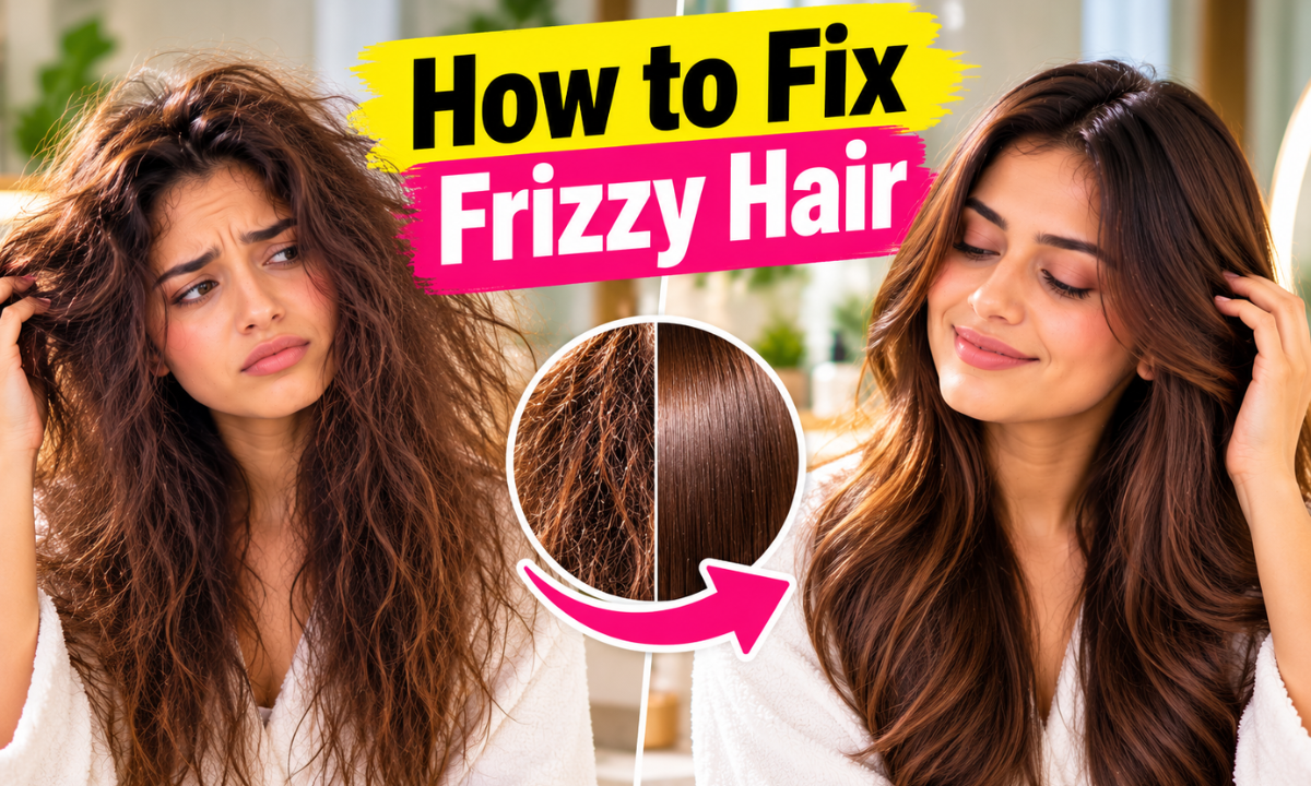 How to Fix Frizzy Hair – before-and-after comparison showing frizzy, unruly hair transformed into smooth, shiny, manageable waves.