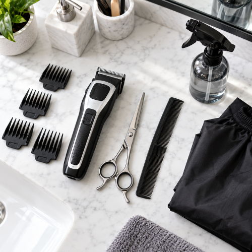 ools needed for how to cut men's hair at home: clippers, scissors, comb, and cape