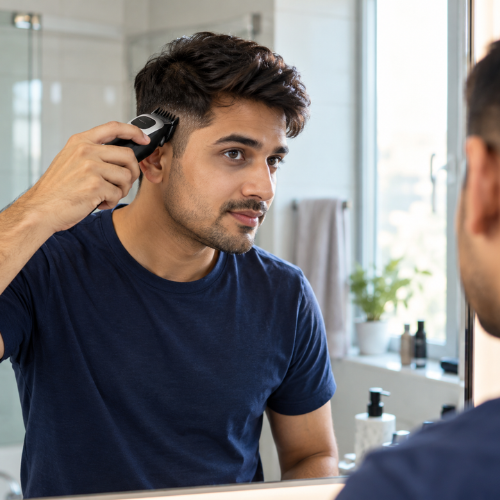 Man using clippers on the sides of his hair to learn how to cut men's hair at home
