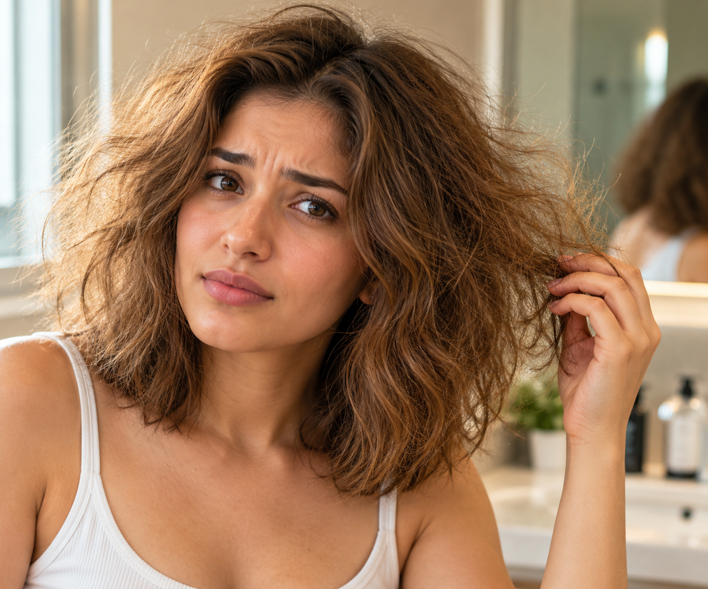 Woman with light brown wavy hair showing a frizzy halo, a common problem when learning how to fix frizzy hair