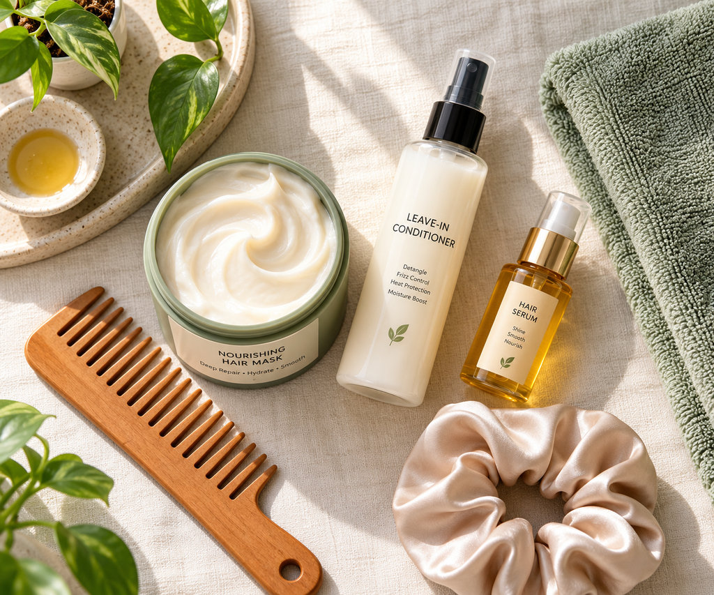 Flat lay of leave-in, serum, mask and silk scrunchie, the essentials for how to fix frizzy hair at home