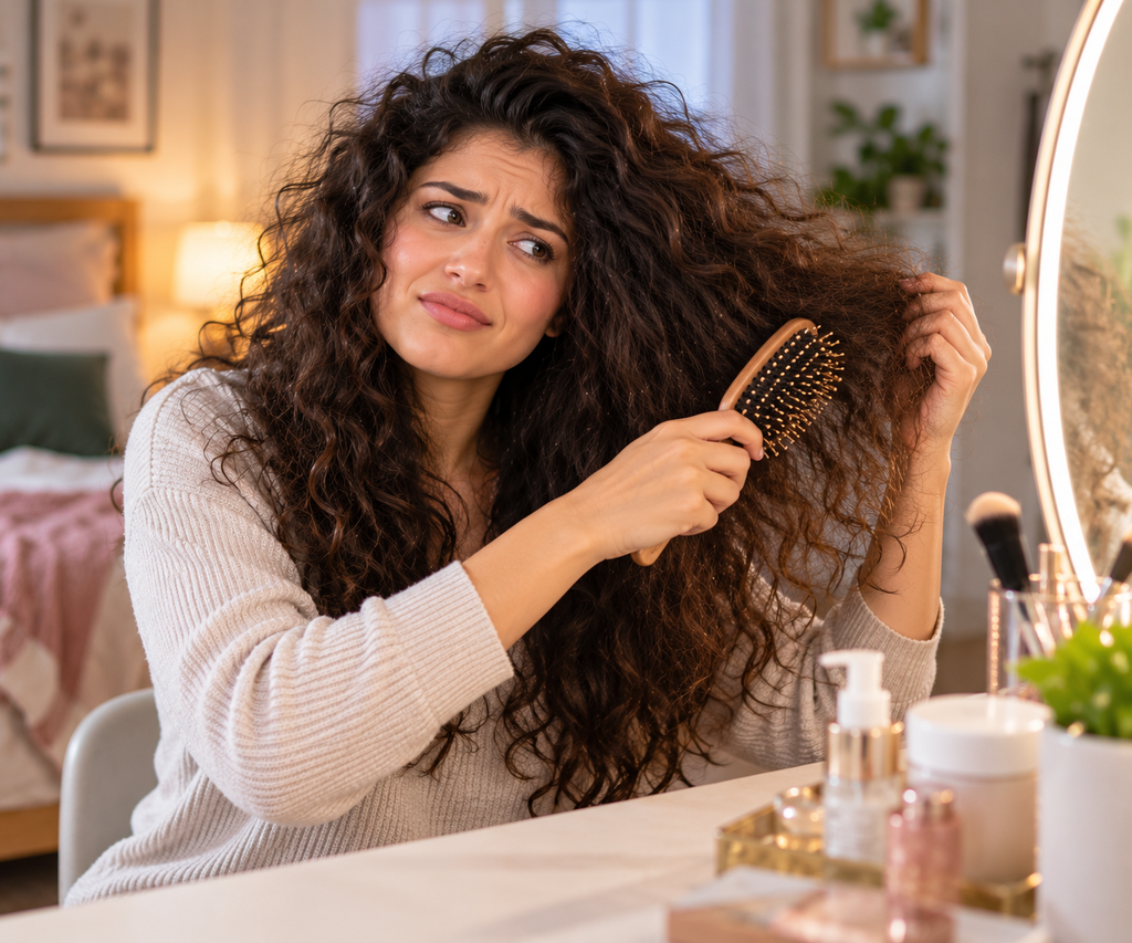 Woman brushing dry curly hair with a fine brush, a common mistake that makes frizzy hair worse