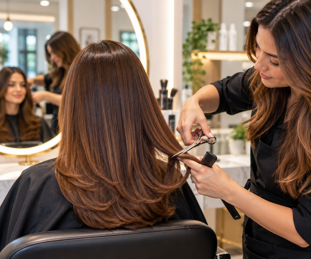 Hairstylist trimming a client’s ends, a pro tip for how to fix frizzy hair and keep it smooth